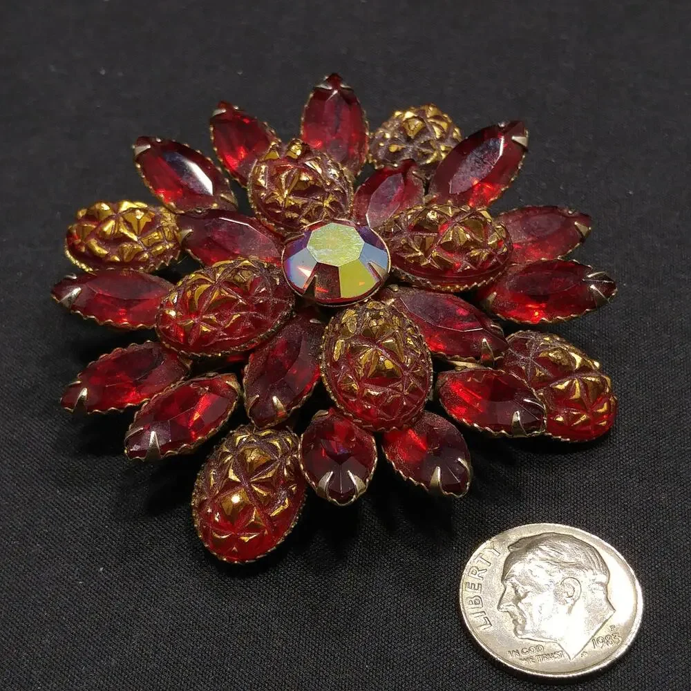 Judy Lee Red Rhinestone Brooch, Red Gold Molded Glass Petals, 1960s Vintage